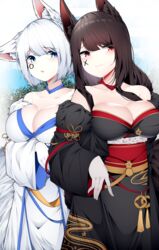  2girls absurdres akagi_(azur_lane) akagi_(plum_and_snow)_(azur_lane) animal_ear_fluff animal_ears azur_lane bare_shoulders black_kimono blue_choker blue_eyes blue_sash blue_sky blush branch breasts brown_hair brown_tail choker cleavage closed_mouth collarbone commentary dated_commentary embarrassed eyebrows facial_mark fox_ears fox_girl fox_tail fur-trimmed_kimono fur_trim gloves gradient_background head_tilt highres japanese_clothes kaga_(azur_lane) kaga_(white_fox&#039;s_new_year)_(azur_lane) kimono kitsune kyuubi large_breasts leaf long_hair long_sleeves looking_at_viewer medium_hair multiple_girls multiple_tails obi official_alternate_costume outdoors parted_lips red_choker red_eyes red_sash samip sash sidelocks simple_background sky slit_pupils smile symbol-only_commentary tail teeth tree white_gloves white_hair white_kimono white_tail wide_sleeves xo 