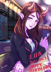  bad_id bad_twitter_id blazer brown_hair cigarette coffee_mug coffee_talk colored_skin cup demon_girl english_text female horns indoors jacket jewelry looking_at_viewer lua_(coffee_talk) m_shiroki mug pointy_ears purple_eyes purple_skin rain ring solo window 