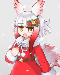  :o aticotta bad_id bad_pixiv_id blush christmas commentary dress female hair_ornament head_wings highres japanese_crested_ibis_(kemono_friends) kemono_friends kemono_friends_3 long_sleeves multicolored_hair open_mouth red_dress ribbon santa_costume short_hair smile snow snowing solo white_hair wings yellow_eyes 