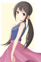  absurdres bare_shoulders black_hair blue_shirt bracelet brown_eyes clenched_hand closed_mouth commentary_request female from_side hair_ornament hair_scrunchie hand_on_own_chest highres idolmaster idolmaster_cinderella_girls jewelry long_hair long_skirt looking_at_viewer low_twintails nakano_yuka oscar_08 pink_scrunchie pink_skirt scrunchie shirt skirt sleeveless sleeveless_shirt smile solo twintails very_long_hair 