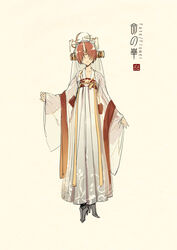  adapted_costume artist_name beige_background chinese_clothes commentary_request concept_art copyright_name covered_eyes facing_viewer fate/apocrypha fate/grand_order fate_(series) female fengguan flat_chest frankenstein&#039;s_monster_(fate) full_body grey_footwear hair_over_eyes hanfu headgear high_heels highres horns jewelry logo long_sleeves mechanical_horns necklace parted_lips photoshop_(medium) qixiong_ruqun red_hair ribbon robe ruqun sash see-through shawl short_hair simple_background single_horn sleeves_past_wrists solo standing veil wide_sleeves zerocastle 