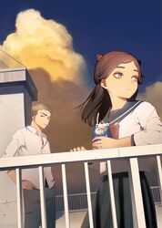  1boy act-age black_skirt blue_sky brown_eyes brown_hair cloud commentary_request drinking_straw female hands_on_own_hips md5_mismatch mouth_hold outdoors railing rooftop school_uniform serafuku shirt skirt sky smoking standing wata5119 white_shirt 