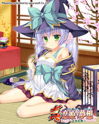  barefoot bikuto_ryuu blue_hair blue_hat blue_jacket bow dress female food green_eyes hat hat_ribbon highres houtou indoors jacket koihime_musou lantern long_hair off_shoulder open_clothes open_jacket ribbon sitting smile solo twintails white_dress witch_hat 