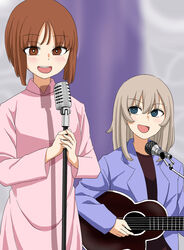  2girls black_shirt blazer blue_eyes blue_jacket blurry blurry_background blush brown_eyes brown_hair casual commentary dress girls_und_panzer grey_hair guitar high_collar highres holding holding_instrument instrument itsumi_erika jacket long_sleeves looking_at_another medium_hair microphone microphone_stand multiple_girls music natsume_mina nishizumi_miho open_mouth pink_dress playing_instrument shirt short_hair singing sitting smile yuri 