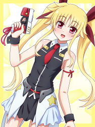  bare_shoulders blonde_hair blush breasts fate_testarossa gun hair_ribbon highres holding holding_gun holding_weapon long_hair looking_at_viewer lyrical_nanoha mahou_shoujo_lyrical_nanoha mahou_shoujo_lyrical_nanoha_a&#039;s miniskirt necktie open_mouth red_eyes red_necktie ribbon simple_background skirt small_breasts smile twintails weapon yosuzu 