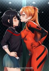  2girls asymmetrical_docking black_hair blush bodysuit breast_press brown_hair chain-link_fence crossover dannex009 eye_contact fence hands_on_own_hips highres looking_at_another marvel multiple_girls neon_genesis_evangelion peni_parker plugsuit school_uniform short_hair skirt souryuu_asuka_langley spider-man_(series) spider-verse 