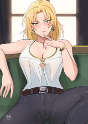  bare_arms blonde_hair blue_eyes breasts cleavage contemporary couch denim female finger_to_mouth fire_emblem fire_emblem:_the_sacred_stones green_eyes highres ihsnet jeans large_breasts leg_up looking_at_viewer on_couch pants selena_(fire_emblem:_the_sacred_stones) sitting smile solo spread_legs window 