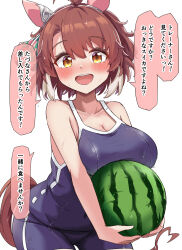  absurdres animal_ears blue_one-piece_swimsuit breasts brown_hair checkered_ribbon commentary_request dantsu_flame_(umamusume) ear_covers ear_ribbon female food fruit gryebooks highres horse_ears horse_girl horse_tail large_breasts looking_at_viewer multicolored_hair one-piece_swimsuit simple_background solo speech_bubble swimsuit tail tracen_swimsuit translation_request two-tone_hair umamusume watermelon white_background white_hair yellow_eyes 