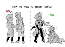  2girls ahoge all_fours an_sin breasts cross_pasties english_commentary femdom forward_facing_horns fox_mask greyscale highres hiiragi_utena horns how_to_talk_to_short_people_(meme) kneeling leash long_hair magia_azure magia_baiser mahou_shoujo_ni_akogarete mask meme minakami_sayo monochrome multiple_girls pasties pet_play school_uniform short_hair yuri 