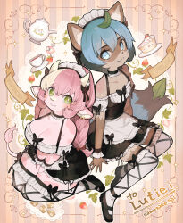  1boy :3 absurdres animal_ear_fluff animal_ear_piercing animal_ears apron artist_name bare_shoulders between_legs black_bow black_footwear blue_eyes blue_hair blue_tail bow braid breasts bright_pupils brown_tail butterfly_bow cake cake_slice character_name checkerboard_cookie cleavage closed_mouth colored_skin commission commissioner_name cookie cup dark_skin dress fang_out female food frilled_dress frilled_sleeves frills fruit furry furry_female furry_male green_eyes hand_between_legs highres horns leaf leaf_on_head long_hair looking_at_viewer maid maid_apron maid_headdress multicolored_hair nose_piercing nose_ring oerba_yun_fang original otoko_no_ko piercing pink_hair pink_skin pink_tail plate puffy_short_sleeves puffy_sleeves raccoon_boy sakutake_(ue3sayu) saucer second-party_source short_hair short_sleeves sitting skeb_commission smile sparkle strawberry strawberry_shortcake striped_background sugar_cube tail teacup teapot thick_eyebrows thighhighs twin_braids v_arms waist_apron white_apron white_thighhighs 