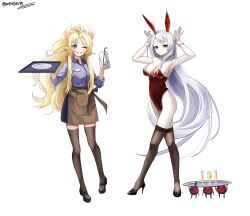  2girls absurdres ahoge animal_ears blonde_hair breasts cleavage contrapposto drink drinking_straw duel_monster ecclesia_(yu-gi-oh!) expressionless fake_animal_ears familiar forehead full_body grey_eyes grey_hair guiding_quem_the_virtuous high_heels highres holding holding_tray horns ice ice_cube incredible_ecclesia_the_virtuous jetihyeon leotard long_hair medium_breasts multiple_girls pale_skin playboy_bunny ponytail rabbit_ears rabbit_pose red_eyes red_leotard smile thighhighs tray very_long_hair waitress white_background yu-gi-oh! 