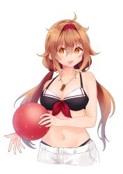  absurdres amot_211 ball beachball bikini bikini_under_shorts black_bikini breasts brown_eyes brown_hair female hair_flaps hairband highres kantai_collection long_hair looking_at_viewer low_twintails medium_breasts navel official_alternate_costume open_mouth red_hairband sailor_bikini sailor_collar shiratsuyu_(kancolle) shiratsuyu_(swimsuit)_(kancolle) shiratsuyu_kai_ni_(kancolle) shorts solo swimsuit twintails very_long_hair whistle whistle_around_neck white_shorts 