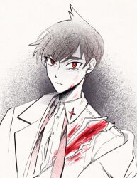  1boy blood bright_pupils closed_mouth collared_shirt commentary cowlick eyelashes florian_(pokemon) highres injury jacket looking_at_viewer male_focus necktie pokemon pokemon_sv red_eyes shirt short_hair solo submashell torn_clothes torn_shirt undone_necktie upper_body white_pupils 