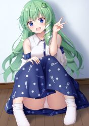  blue_eyes blue_skirt blush commentary detached_sleeves female frog_hair_ornament green_hair hair_ornament highres kochiya_sanae long_hair looking_at_viewer open_mouth panties pantyshot shadow shirt sitting skirt smile snake_hair_ornament socks solo suigetsu_(watermoon-910) touhou underwear v white_panties white_shirt white_socks 