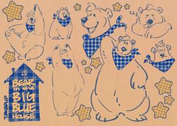  2024 absurd_res anthro bear bear_(bitbbh) bear_in_the_big_blue_house belly big_belly biped bodily_fluids bubble closed_eyes digital_media_(artwork) disney english_text frown fur hand_behind_head hi_res kerchief male mammal multiple_images multiple_poses neckerchief open_mouth open_smile overweight overweight_anthro overweight_male pattern_kerchief pattern_neckerchief plaid_kerchief plaid_neckerchief pose simple_background sleeping smile snot snot_bubble solo sound_effects star_symbol stinknswirl stretching text vowelless vowelless_sound_effect worried zzz 