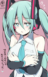  aqua_eyes aqua_hair aqua_necktie bare_shoulders black_skirt blush collared_shirt commentary_request covering_breasts covering_privates dated detached_sleeves embarrassed female hair_ornament hatsune_miku headphones long_hair looking_at_viewer nail_polish necktie parted_lips serebi_ryousangata shirt skirt sleeveless sleeveless_shirt solo translated twintails twitter_username upper_body vocaloid white_shirt 