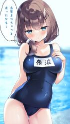  breasts brown_hair commentary_request cowboy_shot female glaring green_eyes hair_ornament hairclip highres jitome long_hair medium_breasts name_tag nanohana_kohina old_school_swimsuit original school_swimsuit solo swimsuit thigh_gap translation_request 