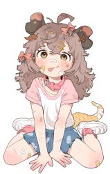  absurdres ahoge animal_collar bandaid bandaid_on_face bandaid_on_leg bandaid_on_nose bow camisole collar dirty dirty_clothes dirty_face female hair_between_eyes hairbow highres light_brown_hair lolicon long_hair macci_(opossumachine) messy_hair oerba_yun_fang opossumachine original possum_ears possum_girl possum_tail shoes sitting skirt sneakers tongue tongue_out wariza yellow_eyes 