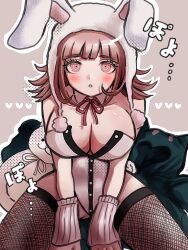  :o animal_hood arm_warmers backpack bag bare_shoulders blush breasts brown_hair cleavage danganronpa_(series) danganronpa_2:_goodbye_despair female fishnet_thighhighs fishnets heart hood ikemen&#039;na_ore-shi jacket large_breasts medium_hair mole mole_on_breast nanami_chiaki official_alternate_costume outline pink_eyes playboy_bunny rabbit_hood revision sitting solo teeth thighhighs unworn_jacket upper_teeth_only white_outline 