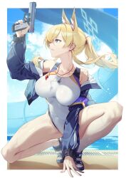  absurdres animal_ears bare_shoulders beach blonde_hair blue_archive blue_eyes blue_jacket blue_sky breasts cloud collarbone competition_swimsuit covered_navel day dog_ears extra_ears female full_body gun hair_between_eyes halo handgun highleg highleg_one-piece_swimsuit highres holding holding_gun holding_weapon jacket kanna_(blue_archive) kanna_(swimsuit)_(blue_archive) large_breasts long_hair long_sleeves notched_ear ocean off_shoulder official_alternate_costume one-piece_swimsuit open_clothes open_jacket outdoors penguin_say ponytail pool red_whistle revision sharp_teeth sky solo squatting swimsuit teeth thighs water weapon whistle whistle_around_neck white_one-piece_swimsuit 