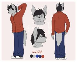  anthro black_hair canid canine clothed clothing fluffy fluffy_tail fur grey_body grey_fur hair humanoid_pointy_ears hybrid looking_at_viewer lucas_poland male mammal model_sheet scratching scratching_head slavv0 solo tail 