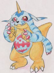  animal_skin anthro bandai_namco belly belly_markings digimon digimon_(species) fur gabumon hi_res horn male markings red_eyes slightly_chubby solo striped_body striped_fur stripes tabasukotrr traditional_media_(artwork) yellow_body 