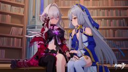  2girls bare_shoulders black_gloves black_thighhighs blue_dress blue_sleeves book bookshelf circlet closed_mouth copyright_name dress gloves hair_between_eyes highres holding_hands honkai_(series) honkai_impact_3rd jewelry library logo long_hair multiple_girls official_art parted_lips purple_eyes red_dress second-party_source serapeum_(honkai_impact) single_thighhigh sitting tassel thelema_(honkai_impact) thighhighs white_hair white_thighhighs yellow_eyes 