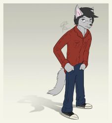  anthro black_hair blue_eyes clothed clothing footwear fur grey_body grey_fur hair hands_in_both_pockets hi_res humanoid_pointy_ears looking_at_viewer lucas_poland male shadow shoes slavv0 solo tail 