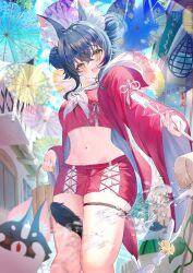  animal_ear_fluff animal_ears basket black_hair breasts cropped_shirt double_bun female hair_bun holding holding_basket hololive jinbei_(user_tpny4757) medium_breasts medium_hair miofa_(ookami_mio) multicolored_hair navel official_alternate_costume ookami_mio ookami_mio_(another_ookami_mio) red_hair red_shirt red_shorts shirt shorts smile streaked_hair tail tail_around_own_leg thigh_strap virtual_youtuber wolf_ears wolf_girl wolf_tail yellow_eyes 