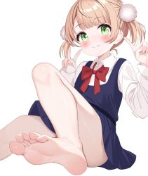  absurdres bare_legs barefoot blonde_hair blush feet female foot_focus foot_out_of_frame green_eyes gugu0v0 highres school_uniform shigure_ui_(vtuber) shigure_ui_(vtuber)_(young) simple_background smile soles solo toes twintails v virtual_youtuber white_background 