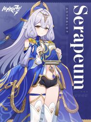  black_shorts blue_dress blue_sleeves book character_name circlet closed_mouth copyright_name dress female grey_hair holding holding_book honkai_(series) honkai_impact_3rd jewelry logo long_hair official_art second-party_source serapeum_(honkai_impact) shorts solo tassel thighhighs white_thighhighs yellow_eyes 