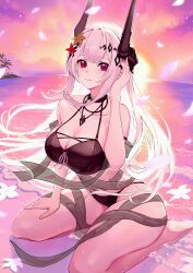  absurdres aoi_tooru arknights beach bikini black_bikini black_horns breasts cleavage cloud cloudy_sky collarbone commentary_request demon_girl demon_horns falling_petals female flower hair_flower hair_ornament hand_on_own_thigh highres horizon horns infection_monitor_(arknights) large_breasts looking_at_viewer material_growth mudrock_(arknights) mudrock_(silent_night)_(arknights) multicolored_sky ocean official_alternate_costume orange_sky oripathy_lesion_(arknights) outdoors petals pink_petals pink_sky red_eyes red_flower seiza sitting sky solo sunset swimsuit thighs white_flower 