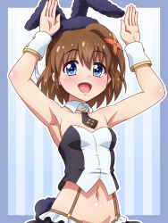  animal_ears blue_eyes blush breasts brown_hair collarbone fake_animal_ears female hair_ornament highres looking_at_viewer lyrical_nanoha mahou_shoujo_lyrical_nanoha mahou_shoujo_lyrical_nanoha_a&#039;s navel open_mouth rabbit_ears rabbit_pose short_hair simple_background small_breasts smile solo striped_background upper_body x_hair_ornament yagami_hayate yosuzu 