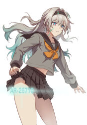  aqua_hair black_hairband breasts brown_skirt female firefly_(honkai:_star_rail) grey_hair grey_serafuku hair_between_eyes hairband highres honkai:_star_rail honkai_(series) juusan_kihei_bouei_ken long_hair long_sleeves medium_breasts midriff multicolored_eyes multicolored_hair neckerchief rune_(rne_at) school_uniform serafuku skirt solo white_background yellow_neckerchief 