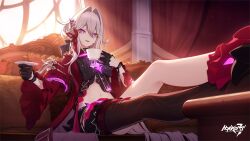  black_gloves black_thighhighs bow copyright_name couch cup dress feet_on_table feet_out_of_frame female gloves hair_between_eyes highres holding holding_cup holding_plate honkai_(series) honkai_impact_3rd indoors logo long_hair navel official_art on_couch parted_lips plate purple_eyes red_dress second-party_source single_thighhigh sitting smirk table thelema_(honkai_impact) thighhighs white_hair window 