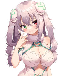  bare_shoulders breasts bun_cover cleavage cleavage_cutout closed_mouth clothing_cutout commission double_bun dress female fur_trim g.i.n green_eyes grey_hair hair_between_eyes hair_bun hand_up heterochromia huge_breasts indie_virtual_youtuber jun_(aousa0328) long_hair looking_at_viewer navel navel_cutout red_eyes second-party_source simple_background skeb_commission solo upper_body virtual_youtuber white_background white_dress 