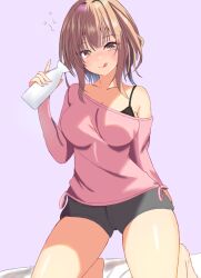  :q akizuki_mikoto arm_at_side barefoot black_bra black_shorts blush bottle bra breasts brown_eyes brown_hair closed_mouth collarbone commentary_request curvy eyelashes female hand_up holding holding_bottle kneeling knees_out_of_frame large_breasts licking_lips looking_at_viewer mole mole_on_breast naughty_face nose_blush pink_shirt purple_background sakuratoru shiny_skin shirt shorts simple_background single_bare_shoulder smile solo split_mouth thighs tongue tongue_out tsurime underwear yubisaki_connection 