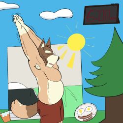  2024 alarm_clock anthro armpit_hair australian_cattle_dog bacon beargarbage bluey_(series) body_hair bottomwear brown_body brown_bottomwear brown_clothing brown_ears brown_fur brown_hair brown_nose brown_shorts brown_tail canid canine canis cattledog clock closed_eyes clothing cloud day digital_media_(artwork) domestic_dog egg exercise food fur glass grass hair herding_dog hi_res juice_(beverage) male mammal meat mort_cattle multicolored_body multicolored_bottomwear multicolored_clothing multicolored_fur multicolored_shorts multicolored_tail orange_body orange_fur orange_juice orange_tail pastoral_dog plant plate scrambled_eggs shorts solo standing stretching sun tail teeth tongue tree two_tone_bottomwear two_tone_clothing two_tone_shorts 