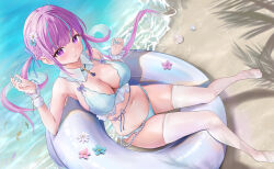  absurdres aqua_bikini aqua_nails arm_up bare_shoulders beach bikini blue_hair breasts cleavage detached_collar female highres hololive long_hair looking_at_viewer minato_aqua mochiki_927 multicolored_hair navel outdoors parted_lips purple_eyes purple_hair sitting solo streaked_hair swim_ring swimsuit thighhighs virtual_youtuber white_thighhighs 