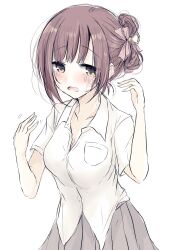  baran._(ba_ra_ran) blush breasts brown_hair cleavage collarbone collared_shirt commentary_request dress_shirt fanning_self female grey_skirt hands_up highres hot idolmaster idolmaster_cinderella_girls igarashi_kyoko lone_nape_hair looking_at_viewer medium_breasts open_mouth pleated_skirt shirt short_hair short_sleeves sidelocks simple_background skirt solo split_mouth sweat updo white_background white_shirt yellow_eyes 