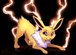  2024 ambiguous_gender ass_up black_background black_nose blue_eyes cheek_tuft claws eeveelution electricity eyebrows facial_tuft feral generation_1_pokemon head_tuft jolteon lightning looking_at_viewer neck_tuft nintendo open_mouth open_smile pokemon pokemon_(species) quadruped rukifox simple_background smile solo teeth tongue tuft yellow_body 