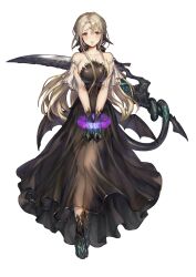  armpit_crease barefoot black_dress blonde_hair blush breasts breasts_squeezed_together brown_dust_2 cuffs demon_girl demon_tail demon_wings dress female full_body game_cg hair_between_eyes handcuffs highres holding holding_sword holding_weapon holding_with_tail large_breasts long_hair looking_at_viewer low_wings non-web_source official_art open_mouth prehensile_tail red_eyes samay_(brown_dust_2) see-through see-through_dress simple_background solo sword tail toes transparent_background very_long_hair weapon wings 