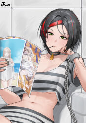  black_hair breasts chained_wrists chains collar commentary crow_(nikke) earrings female goddess_of_victory:_nikke highres jewelry large_breasts magazine_(object) multicolored_hair navel noorung prison_clothes reading red_hair short_hair striped_clothes viper_(nikke) viper_(shine_of_love)_(nikke) yellow_eyes 