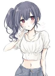  :o baran._(ba_ra_ran) black_hair black_shorts blush breasts commentary_request cropped_shirt female gyaru heart highres idolmaster idolmaster_shiny_colors looking_at_viewer medium_breasts medium_hair midriff morino_rinze navel one_side_up parted_lips red_eyes shirt short_sleeves shorts simple_background solo upper_body w white_background white_shirt 