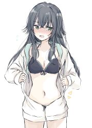  baran._(ba_ra_ran) bikini black_bikini black_hair blush breasts cleavage collarbone commentary cowboy_shot crossed_bangs embarrassed female front-tie_bikini_top front-tie_top gakuen_idolmaster green_eyes hair_between_eyes highres idolmaster jacket kimi_to_semi_blue_(idolmaster) long_hair looking_at_viewer navel nose_blush notice_lines open_mouth partially_unzipped sidelocks solo stomach swimsuit tsukimura_temari wavy_mouth white_jacket 