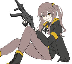  black_footwear black_gloves black_jacket black_ribbon black_skirt brown_eyes brown_hair brown_pantyhose feet_out_of_frame female fingerless_gloves girls&#039;_frontline gloves gun h&amp;k_ump hair_between_eyes highres holding holding_gun holding_weapon jacket koenza_botoke long_sleeves looking_at_viewer name_connection neck_ribbon object_namesake one_side_up panties panties_under_pantyhose pantyhose pleated_skirt ribbon shirt simple_background sitting skirt smile solo submachine_gun ump45_(girls&#039;_frontline) underwear weapon white_background white_panties white_shirt 