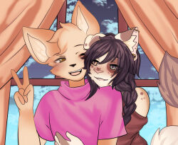  2022 5_fingers alyx_(alyxalyx) anthro blue_eyes blush braided_hair canid canine cheek_tuft clothed clothing cloud curtains detailed_background digital_media_(artwork) domestic_cat duo eyebrows eyelashes facial_tuft felid feline felis female fennec_fox fingers fox fur gesture hair hand_gesture head_tuft heterochromia hi_res hug inner_ear_fluff inside long_hair looking_at_another looking_at_partner male male/female mammal nhadir off_shoulder one_eye_closed open_mouth pink_clothing pink_inner_ear pink_shirt pink_sweater pink_topwear purple_hair shirt sky starly_(starlyf0x) sweater tail tan_body tan_fur tan_hair tan_inner_ear_fluff topwear true_fox tuft v_sign window yellow_eyes 