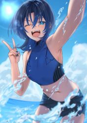  absurdres armpits bare_shoulders blue_eyes blue_hair blue_nails blue_sky breasts cloud commentary_request cowboy_shot crossed_bangs day female hair_between_eyes highres hiodoshi_ao hololive hololive_dev_is looking_at_viewer medium_breasts medium_hair mizuhasi mole mole_under_mouth nail_polish navel ocean one_eye_closed open_mouth shorts sky smile solo sun teeth upper_teeth_only v virtual_youtuber water 