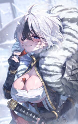  absurdres animal_print armor beef_jerky black_gloves black_hair black_jacket blue_eyes blue_pupils blurry blurry_background blush breasts breath character_request check_character check_copyright chest_sarashi claw_mark cleavage copyright_request cropped_jacket female fingerless_gloves food food_between_breasts gloves grin highres holding holding_food holding_sword holding_weapon jacket katana large_breasts leopard_print long_sleeves looking_at_viewer multicolored_hair original outdoors pauldrons sarashi scar scar_on_chest shoulder_armor smile snow snowing solo streaked_hair sushispin sword tassel two-tone_hair underboob upper_body weapon white_hair 