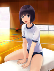  auditorium ball black_hair blue_buruma blue_eyes bob_cut buruma commentary_request female gym_shirt gym_uniform highres indoors nonaka_ritsu original shirt short_hair short_sleeves sitting solo thighs vaulting_horse white_shirt 